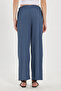 Women's Regular Fit Classic Cut Cotton Indigo Trousers with Lace-Up Waist and Patterned Double Pockets - 8