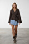 Brown Double-Breasted Collar Ruffled Self-Belted Crinkle Blouse ALC-X14428 - 3