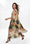 Khaki Square Kaftan Tropical Pattern Free Size Maxi Woven Hijab Dress Tctss26Eb00161