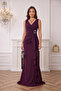 Women's Double Breasted Collar with Flounces on the Front and Gold Stones, Plum Color Women's Evening Dress, Graduation Dress