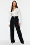 Siyah Kemerli Wideleg/Geniş Paça Normal Bel Smart Krep Kumaş Örme Pantolon TWOSS23PL00330 - 2