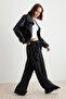 Siyah Premium Lyocell İçerikli Yazlık Wide Leg Kuşaklı Normal Bel Uzun Örme Pantolon TWOSS26PL00165 - 3