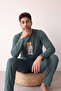 Green Bear Patterned Stylish Men's Long Sleeve Pajama Set - 3