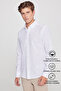 Men's White 100% Cotton Flannel Oxford Slim Fit Buttoned Collar Flared Shirt - 2