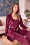 Burgundy Claret Exclusive Velvet Robe Women's Pajama Set - 3