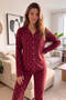 Claret Red Dotted Patterned Front Buttoned Plush Fleece Pajama Set - 5