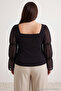 Black Woven Sleeves Tulle Buttoned Plus Size Blouse Tbbaw27Af00008 - 4