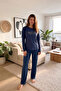 Navy Blue Moon Patterned Bamboo Long Sleeve Women's Pajama Set - 5