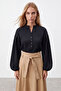 Women's Black Prevailing Collar Button Front Balloon Sleeve Textured Wrap Shirt Blouse Alc-X11872 - 4