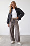 Bitter Brown Zipper Closure Elastic Waist Double Pocket Bomber Cashmere Coat Vs01553 - 2