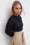 Women's Black Prevailing Collar Button Front Balloon Sleeve Textured Wrap Shirt Blouse Alc-X11872 - 6