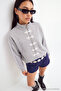 Gri Melanj Kalın İçi Polarlı Fermuarlı Çin Düğmeli Oversize Örme Hırka/Sweatshirt TWOAW27SW00072 - 3