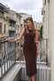 Brown Body Fitted Draped Gathered Midi Sleeveless Dress - 3
