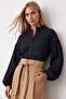 Women's Black Prevailing Collar Button Front Balloon Sleeve Textured Wrap Shirt Blouse Alc-X11872