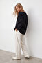 Women's Black Crew Neck Double Pocket Ribbed Oversize Sweater Alc-X12642 - 5
