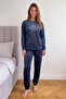 Navy Blue Limited Patterned Exclusive Velvet Women's Pajama Set - 6