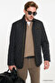 Men's Black Windproof Standard Fit Regular Cut Stand Collar Overcoat with Side Pockets