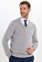 Men's Slim Fit V-Neck Cotton Gray Knitwear Sweater - 3