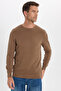 Men's Standard Fit Regular Cut Crew Neck Honeycomb Patterned Dark Mink Sweater - 5