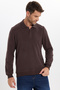 Men's Regular Fit Classic Cut Long Sleeve Interlock Fabric Brown Polo Collar Sweatshirt
