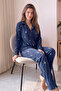 Navy Blue Heart Patterned Front Buttoned Plush Fleece Pajama Set - 4