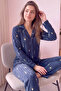 Navy Blue Heart Patterned Front Buttoned Plush Fleece Pajama Set