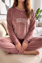 Pink Beautiful Patterned Exclusive Velvet Women's Pajama Set - 5