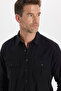Men's Classic Fit Regular Fit Long Sleeve 100% Cotton Linen Texture Double Pocket Black Shirt - 3
