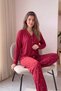 Burgundy Heart Patterned Bamboo Front Buttoned Long Sleeve Women's Pajamas Set - 3