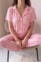 Pink B Patterned Bamboo Front Buttoned Short Sleeve Pajama Set - 5