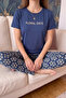 Navy Blue Floral Days Patterned Short Sleeve Knitted Women's Pajamas Set - 5