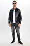Men's Relax Fit Comfortable Cut, Stand Collar, Leather Look, Lined, Zippered Sleeves, Pockets, Black Coat - 2