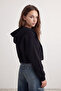 Siyah Basic Fermuarlı Kapüşonlu Crop Kalın İçi Polarlı Örme Hırka/Sweatshirt TWOAW20SW0660 - 5
