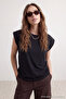 Siyah %100 Pamuk Vatka Görünümlü Basic Bisiklet Yaka Örme T-Shirt TWOSS20TS0021
