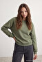Haki Bisiklet Yaka Regular Fit Nakışlı Kalın İçi Polarlı Örme Sweatshirt TWOAW24SW00199 - 3