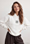 Ekru Oversize/Geniş Kalıp Nakışlı Kalın İçi Polarlı Örme Sweatshirt TWOAW25SW00070 - 2