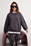Antrasit Oversize/Rahat Kesim Basic Bisiklet Yaka Kalın/İçi polarlı Örme Sweatshirt TWOAW24SW00102 - 3