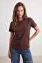 Kahverengi-Bej %100 Pamuk 2'li Paket Basic Bisiklet Yaka Örme T-Shirt TWOSS20TS0141 - 2