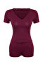 Burgundy Button Detailed Knitted Pajamas Set with Ribbed Shorts Thmss24Pt00097 - 9