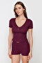Burgundy Button Detailed Knitted Pajamas Set with Ribbed Shorts Thmss24Pt00097 - 4