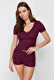 Burgundy Button Detailed Knitted Pajamas Set with Ribbed Shorts Thmss24Pt00097 - 2