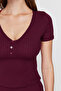 Burgundy Button Detailed Knitted Pajamas Set with Ribbed Shorts Thmss24Pt00097 - 5