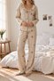 Beige Gingham Teddy Bear Patterned Ruffle Collar Tie Detail Long Sleeve Viscose Woven Pajama Set - 3