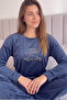 Navy Blue Limited Patterned Exclusive Velvet Women's Pajama Set - 4