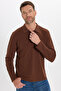 Men's standard fit relaxed cut cotton soft textured pique long sleeve brown sweatshirt - 7