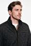 Men's Black Windproof Standard Fit Regular Cut Stand Collar Overcoat with Side Pockets - 6