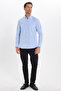 Men's Regular Fit Classic Cut Oxford Texture Collar Buttoned Pocket Embroidered Blue Shirt - 2