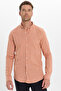 Men's Slim Fit 100% Cotton Buttoned Collar Flam Linen Orange Shirt