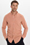 Men's Slim Fit 100% Cotton Buttoned Collar Flam Linen Orange Shirt - 6