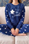 Navy Blue Hello Winter Patterned Women's Plush Pajama Set - 5